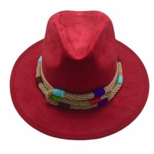 Sombrero de Gamuza con tira bordada de chaquira color rojo