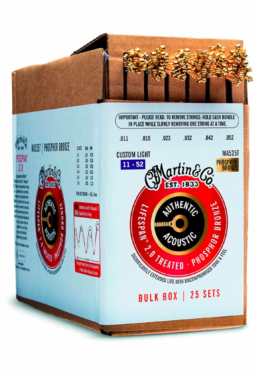 Cuerdas para guitarra, Martin MA535T Custom Light, Caja con 25 paquetes.
