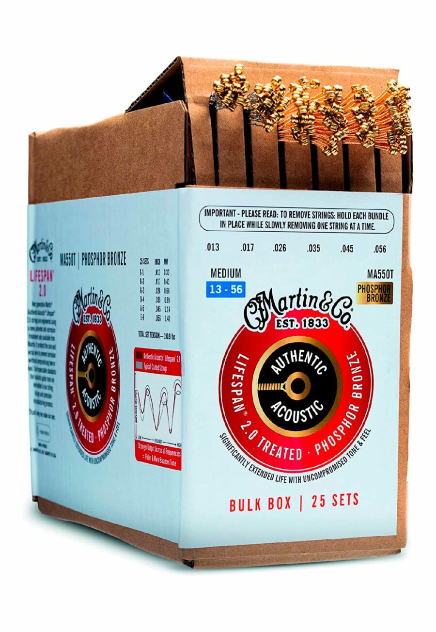 Cuerdas para guitarra, Martin MA550T Medium, Caja con 25 paquetes.