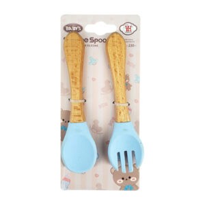 Set 2 cubiertos cuchara y tenedor de silicon con mango de madera, para bebé, variedad de colores / silicone spoon