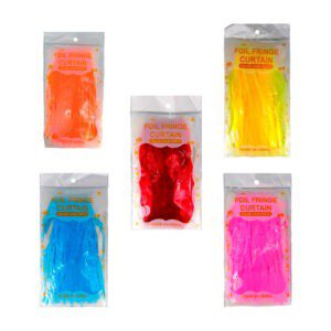 Cortina foil fringe curtain plastificada en tonos pastel o fluorescente neón para decoración de fiesta, variedad de colores