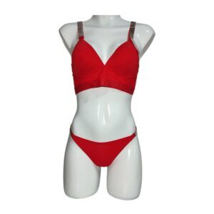 Conjunto de lencería de 2 piezas, brasier liso con tirantes con pedrería y frase love play + bragas con pedrería y frase love pl