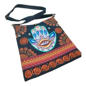 Bolsa “Cross Body” de mezclilla con HAMSA pintado a mano