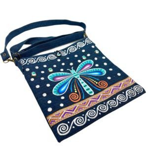 Bolsa “Cross Body” de mezclilla con LIBELULA pintada a mano