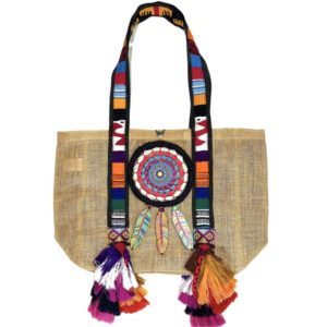 Bolsa de yute con atrapa sueños y plumas de madera
