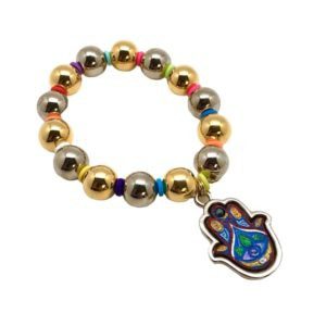Pulsera de pewter con chapa y niquel con dije Hamsa de madera pintado a mano