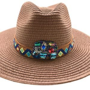 Sombrero Celulosa cinta de chaquira y parche elefante hecho a mano pieza única color café