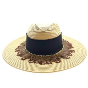 Sombrero Celulosa color paja con cinta negra y plumas