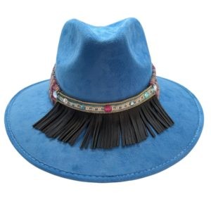 Sombrero de Gamuza AZUL con cinta rayada y piel